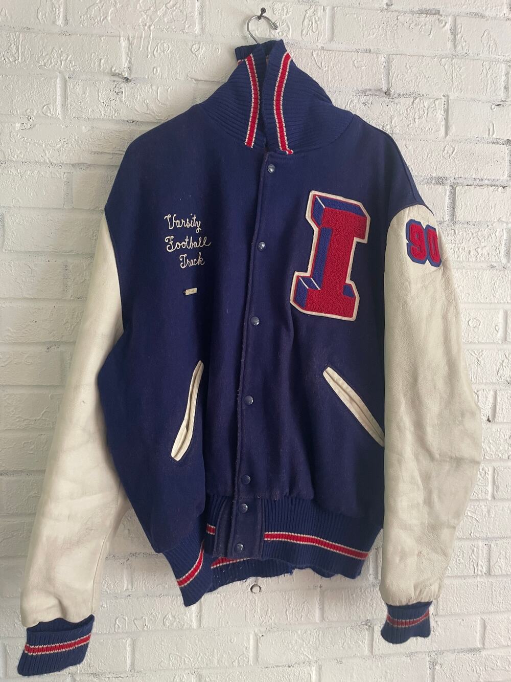 Vintage DeLONG Varsity Letterman Jacket Football Track 52 Long USA Wool Leather